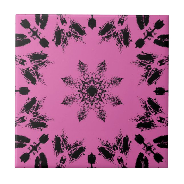 Carreau Fleur d'étoile noire fuchsia brillante géométrique (Devant)