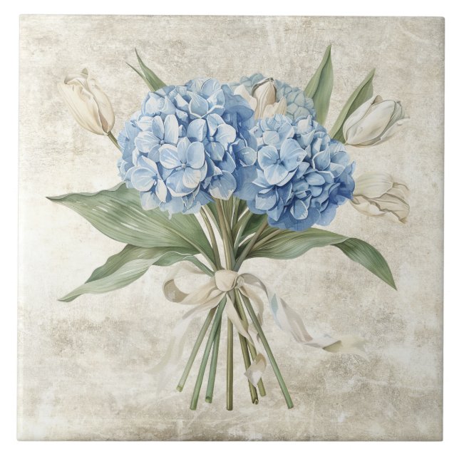 Carreau Fleur d'hydrange bleue aquarelle rustique  (Devant)