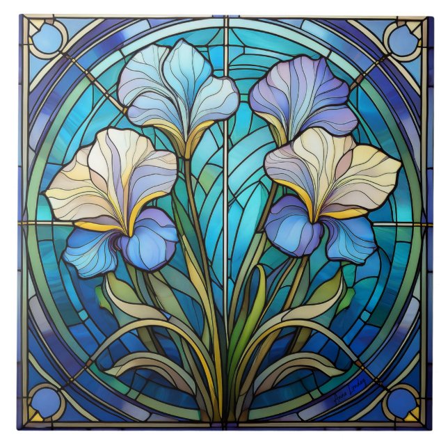 Carreau Fleur droite Iris Art Nouveau Bleu Vert Rétro (Devant)