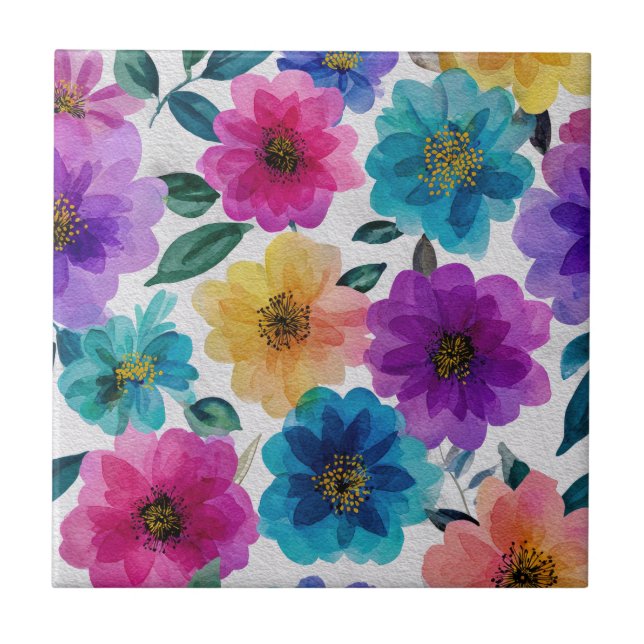 Carreau Fleur Élégante Vibrante Fleurs Aquarelle Floral (Devant)