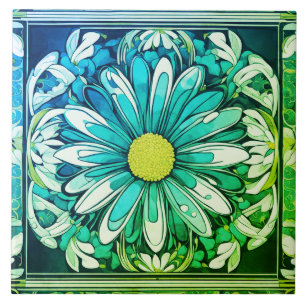 Carreau Fleur marguerite Art Nouveau Aqua Bleu Vert