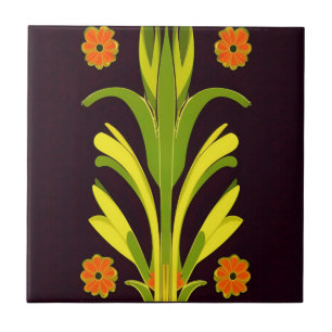 Carreau Fleur orange feuilles vertes décor floral marron p