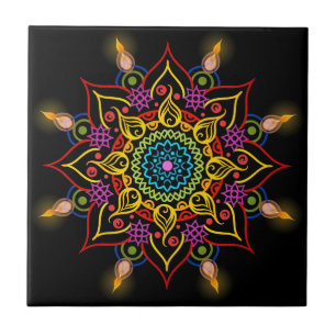 Carreau Fleur Rangoli de Diwali avec des lampes à pétrol