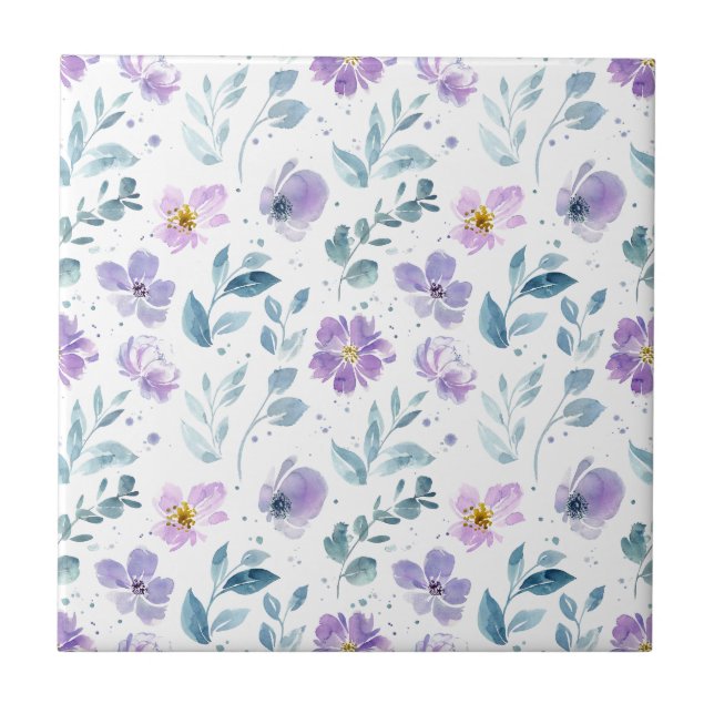 Carreau Fleur sauvage aquarelle verte violette (Devant)