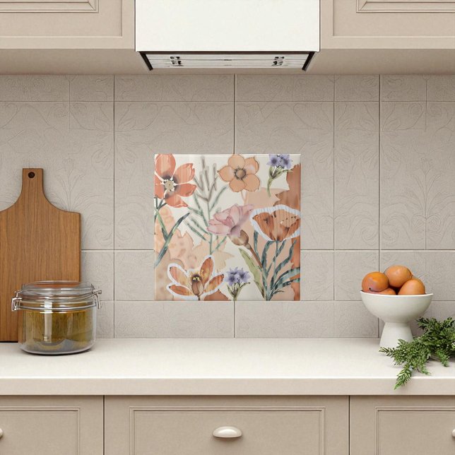 Carreau Fleur sauvage en terre cuite Russe Boho Accent mur (Terracotta Wildflower Rustic Boho Wall Accent Ceramic Tile)