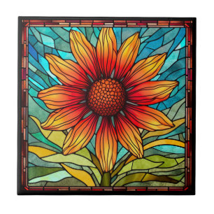 Carreau Fleur sauvage rouge et jaune en verre tendu