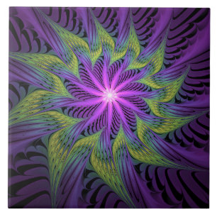 Carreau Fleur verte violette Art fractal abstrait moderne