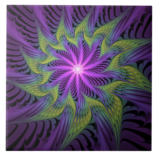 Carreau Fleuron vert violet Art Abstrait fractal moderne (Devant)