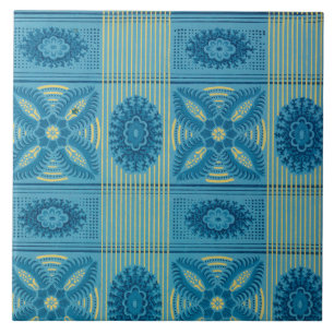 Carreau Fleurs bleues rayures jaunes art vintage