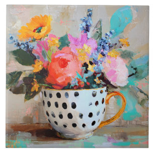 Carreau Fleurs Colorées dans une Tasse à Thé à Points