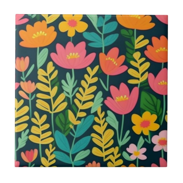 Carreau Fleurs colorées et feuille (Devant)