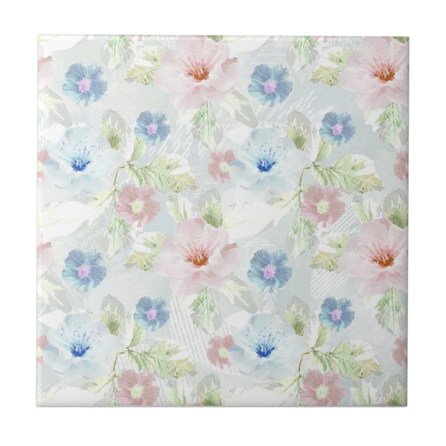 Carreau Fleurs d'aquarelle rose et bleu. (Devant)