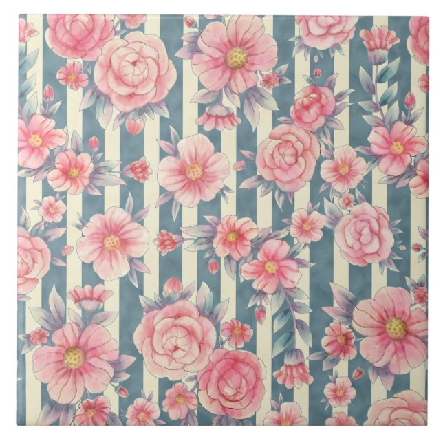 Carreau Fleurs d'aquarelle rose sur bandes (Devant)