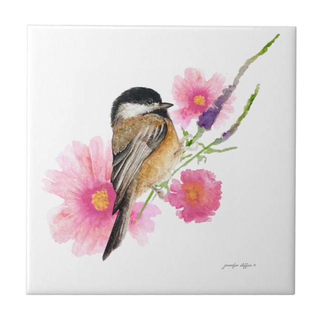 Carreau Fleurs de chickadee noir voilées Aquarelle Art (Devant)