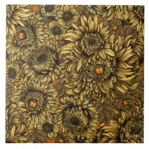 Carreau Fleurs de chrysanthèmes jaunes et coléoptères oran