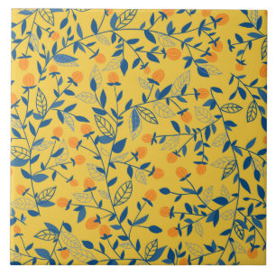 Carreau Fleurs de gribouillis en bleu et jaune