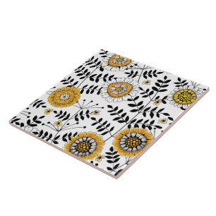 Carreau Fleurs de gribouillis et feuilles en jaune et noir