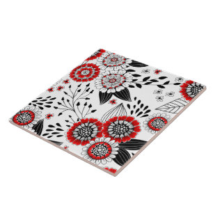 Carreau Fleurs de gribouillis et feuilles en rouge et noir