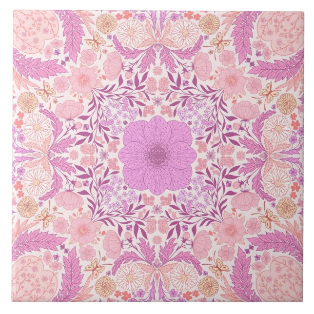 Carreau Fleurs de jardin rétro en rose (Devant)