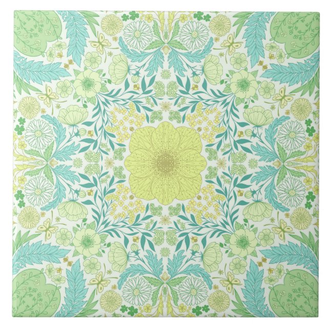Carreau Fleurs de jardin rétro en vert et jaune (Devant)