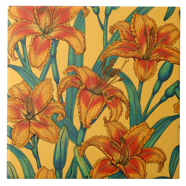 Carreau Fleurs de jour tawny, bleu et jaune (Devant)
