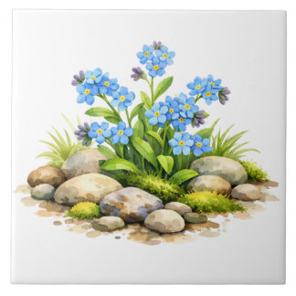 Carreau Fleurs de myosotis à l'aquarelle près des rochers