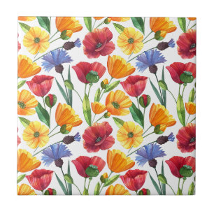 Carreau Fleurs de pavot rouge et jaune élégantes, Fleurs d