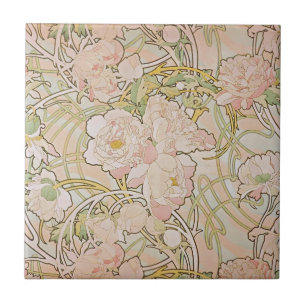 Carreau Fleurs de pivoine rose Alphonse Mucha