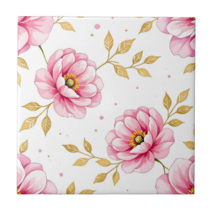 Carreau Fleurs de pivoine roses motif feuilles dorées