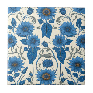 Carreau Fleurs de soleil bleues et feuilles