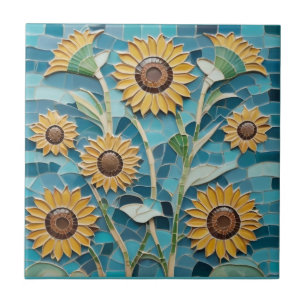 Carreau Fleurs de soleil Jaunes Faux Mosaic Aqua Bleu