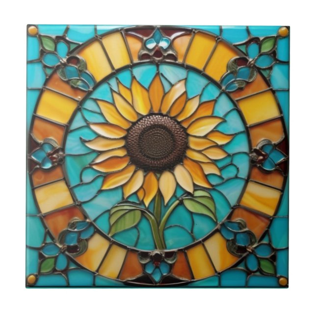 Carreau Fleurs de soleil jaunes Faux Verre tendu Aqua Bleu (Devant)