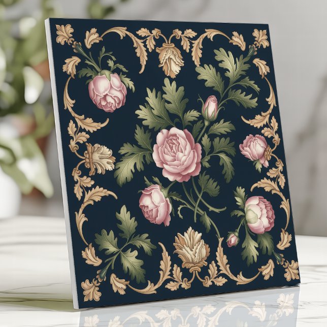Carreau Fleurs de style victorien damassé Roses roses Navy (Créateur téléchargé)