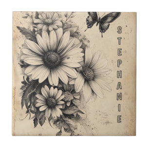 Carreau Fleurs et papillons rustiques - Papier vieilli (11