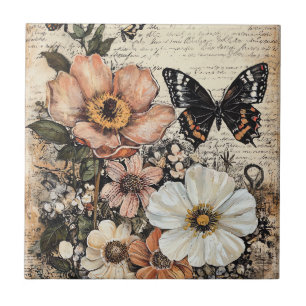 Carreau Fleurs et papillons rustiques - Papier vieilli (14