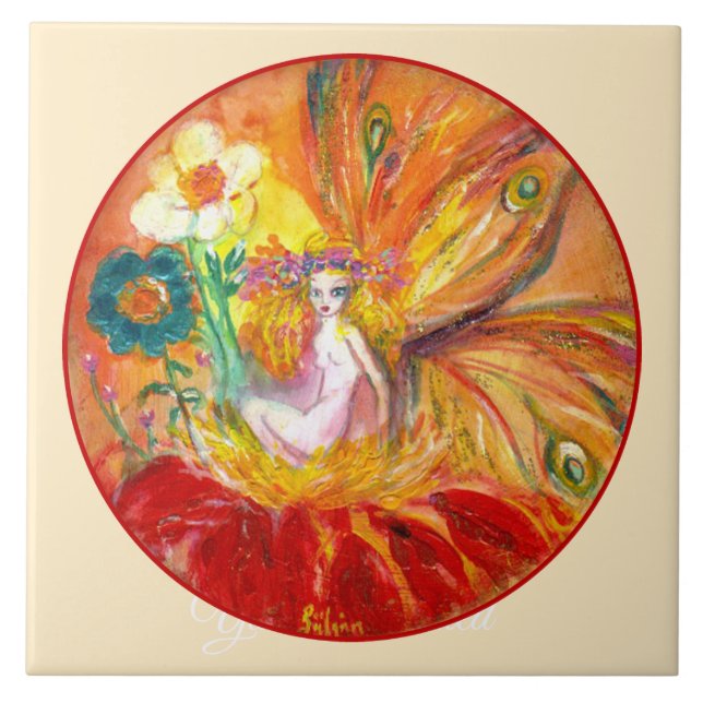 Carreau FLEURS FAIRY Rouge Jaune Floral Imaginaire ivoire (Devant)