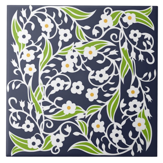 Carreau Fleurs, feuilles, vignes, bleu marine, blanc, vert (Devant)