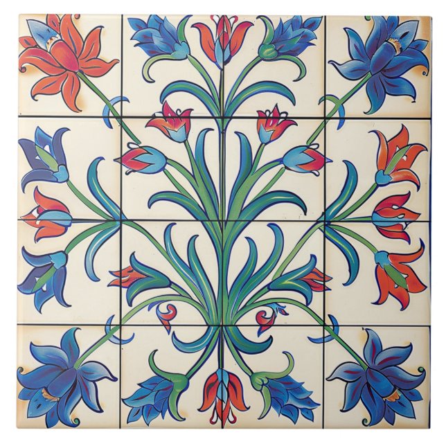Carreau Fleurs Florales carrés Bleues Et Oranges (Devant)