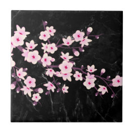 Carreau Fleurs florales de cerisier marbre rose noir