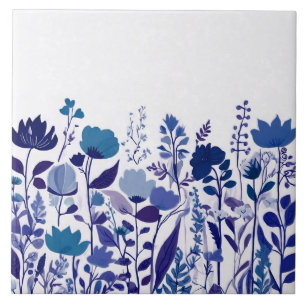 Carreau Fleurs florales Fleurs sauvages modernes bleu fonc