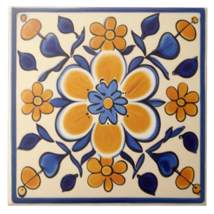 Carreau Fleurs florales jaunes et bleues foncées méditerra