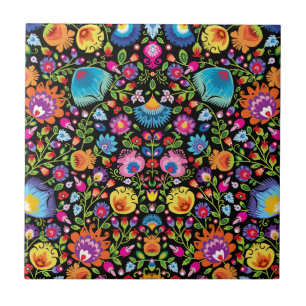 Carreau Fleurs folkloriques Wycinanki noir 