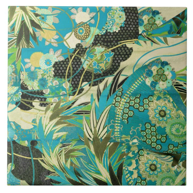 Carreau FLEURS JAPONAISES ANCIENNES Aqua Blue Green Floral (Devant)