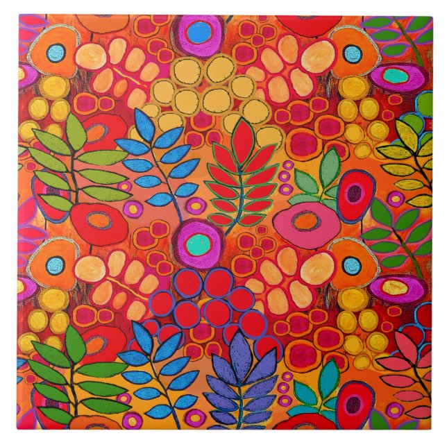 Carreau Fleurs Jardin Ensoleillées - Rouge Jaune Orange (Devant)