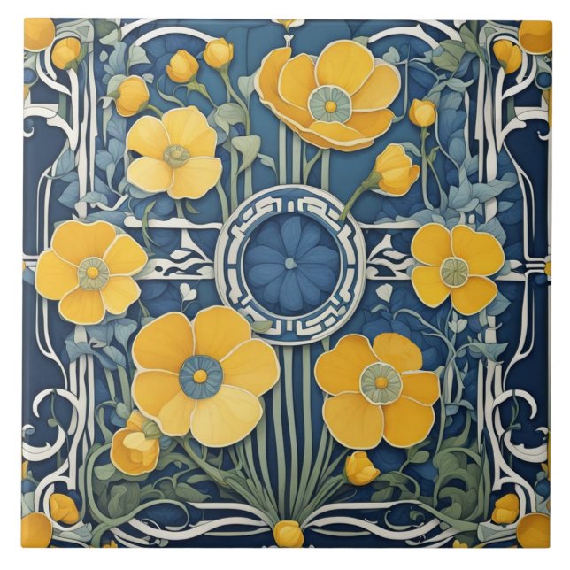 Carreau Fleurs Jaunes Art Déco Art Nouveau Bleu Floral (Devant)