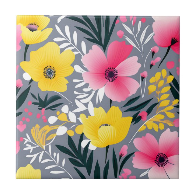 Carreau Fleurs Jaunes Et Roses Vibrantes Sur Gris (Devant)