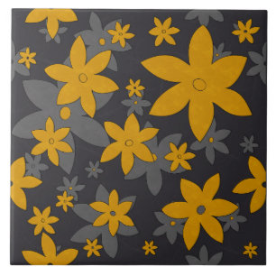 Carreau Fleurs jaunes moutarde sur gris foncé et vignes