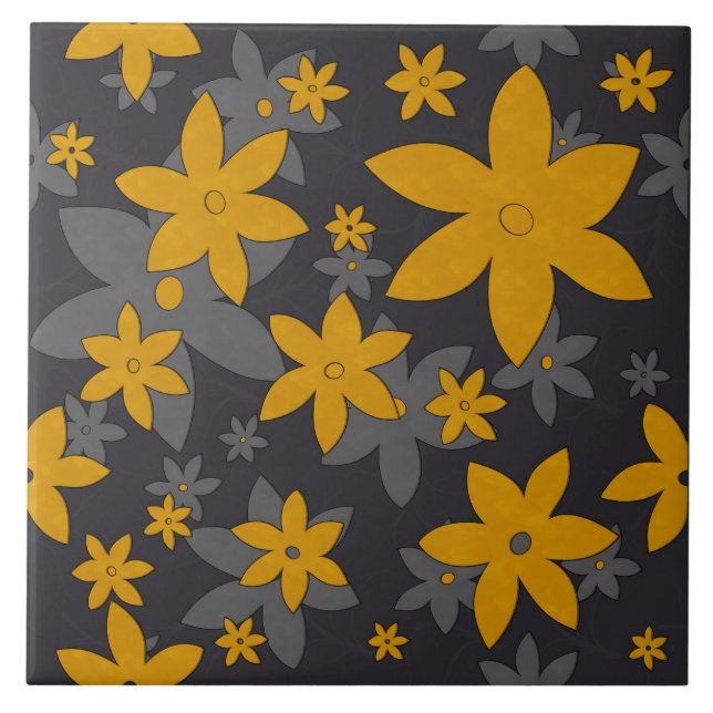 Carreau Fleurs jaunes moutarde sur gris foncé et vignes (Devant)