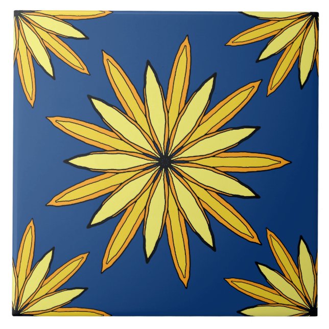 Carreau Fleurs jaunes sur un arrière - plan bleu marine (Devant)