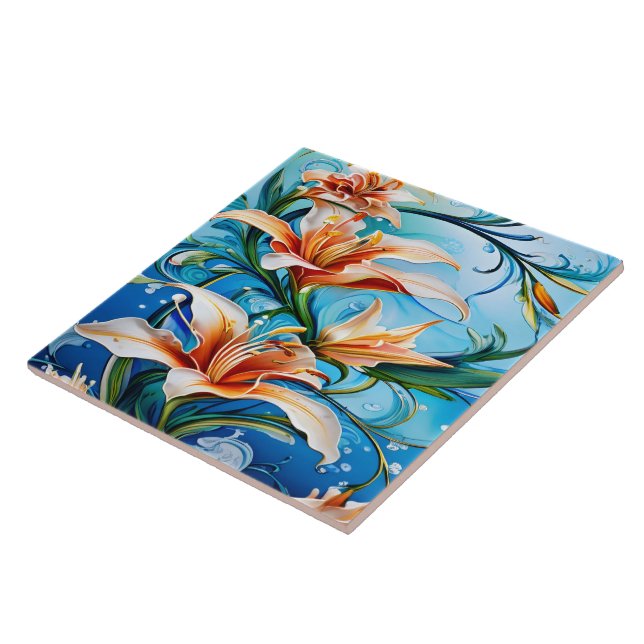 Carreau Fleurs Lily sur Arrière - plan Floral Bleu (Côté)